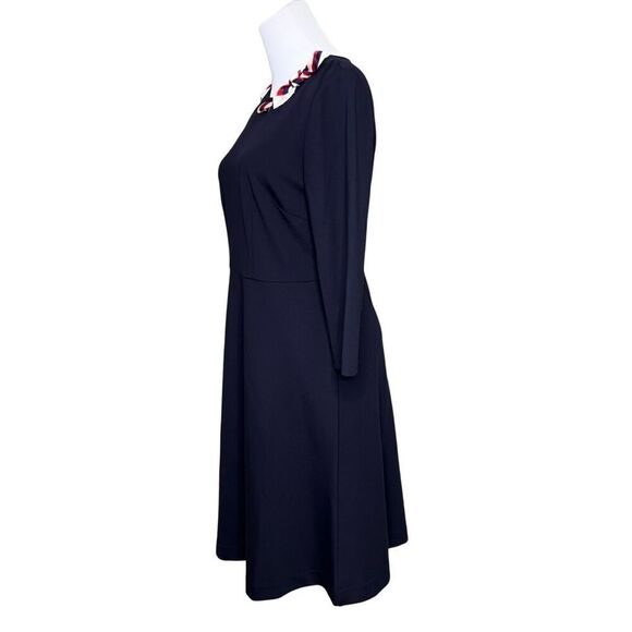 Talbots Petite Retro 50s Scarf Dress 3/4‎ Sleeve Navy Blue Ponte Fit & Flare 4P - Picture 3 of 12